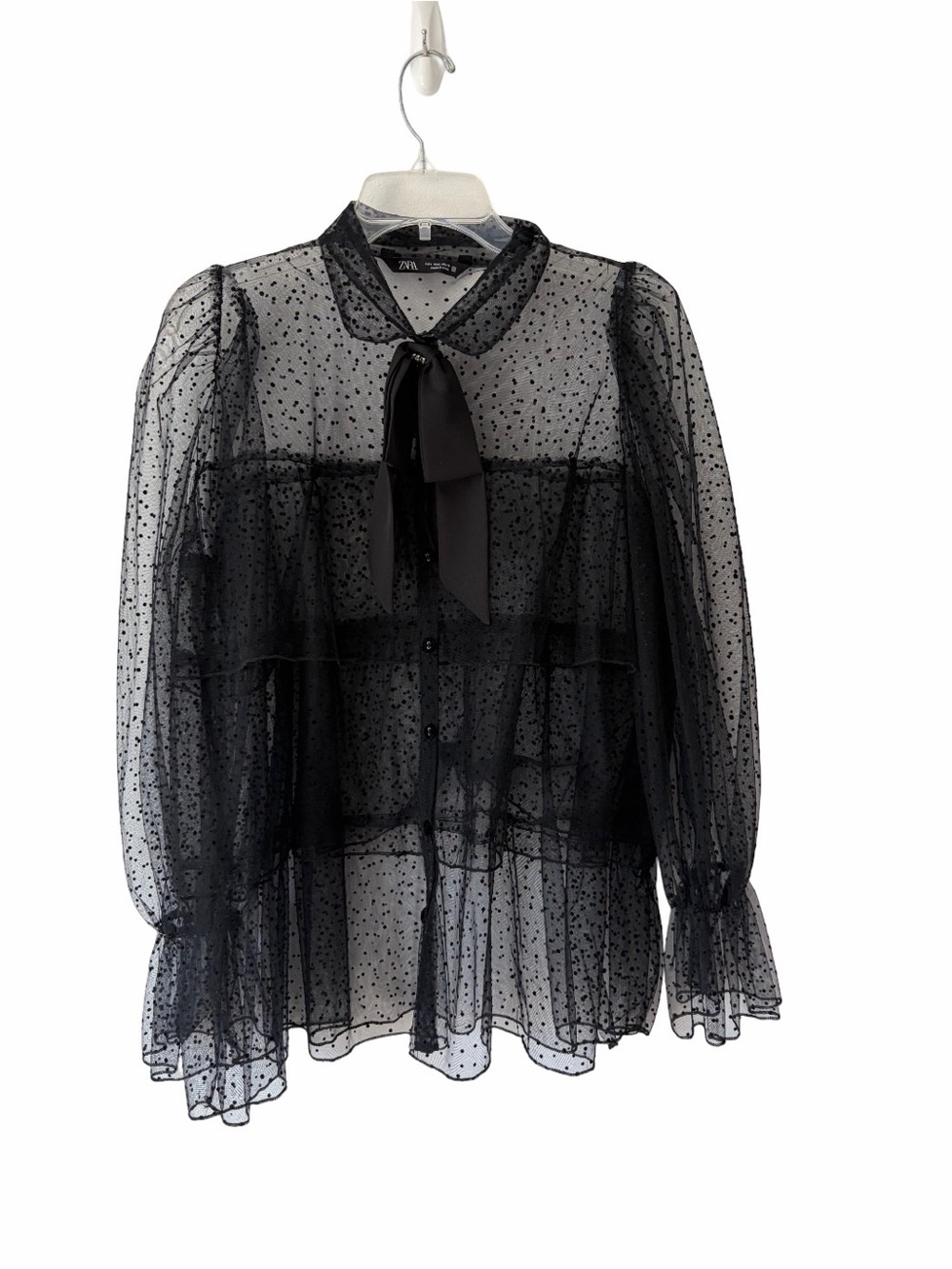 Zara Black Sheer Swiss Dot Bow Rhinestone Tiered Blouse size large